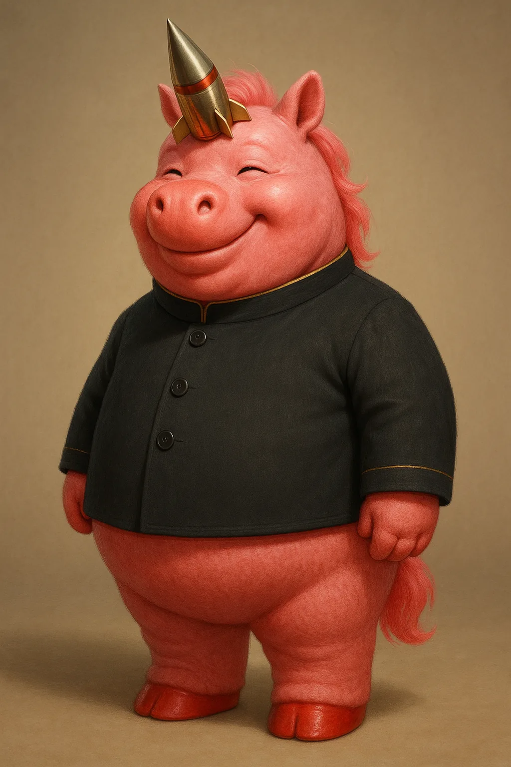 Kim Jong-Unicorn, a round pink unicorn in a tight black tunic whose horn is a rocket